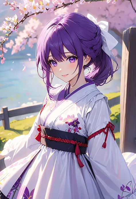 最 high quality,  high quality,   cute girl, Alone,  Beautiful Purple Hair , Beautiful purple eyes,   light smile,