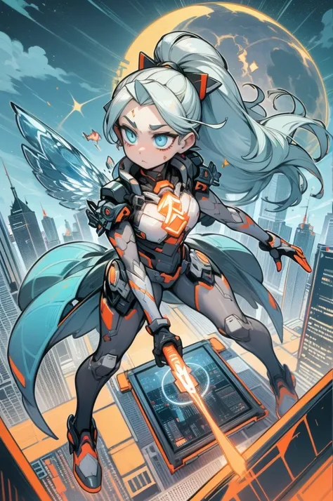 Cinderella stands as a bold and futuristic anime heroine in a shimmering cyberpunk warrior fusion suit. The suit is a stunning blend of metallic silver and sky blue, with glowing glass-like armor pieces on her shoulders, arms, and boots, evoking the feel o...