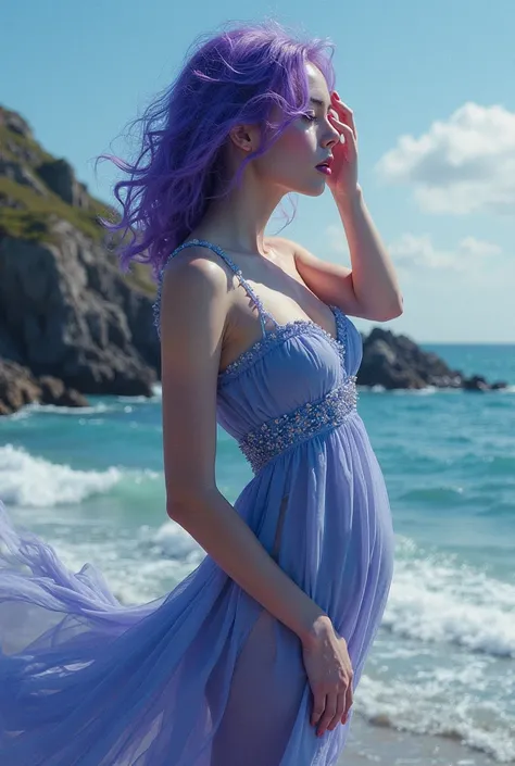  A sea coast with waves and rock slopes in the background with a girl in the center appearing from the belly up with one arm lowered and the other arm with her hand close to her forehead as if she were observing something far away, This girl with purple ha...