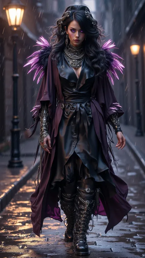  A unique woman ， has deep purple eyes and rolling black hair， wearing a smooth leather robe ， with finely woven silver chains and feathers Hair 。  She stands on a rainy cobblestone street ， The boots emit a faint luster ， leaving a faint mark in the water...