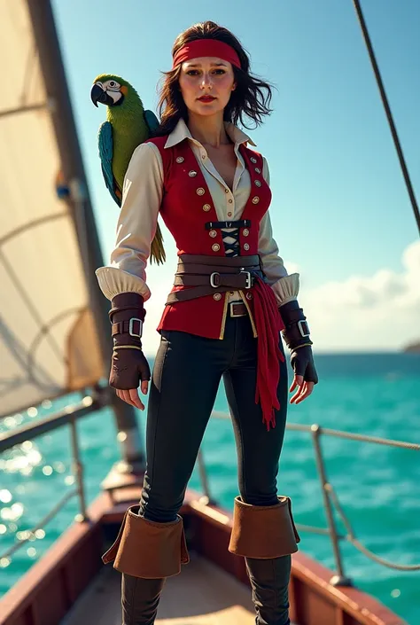 Magnifique femme en tenue de cosplay de pirate avec un perroquet sur l'épaule sur un bateau voilier dans les caraibes