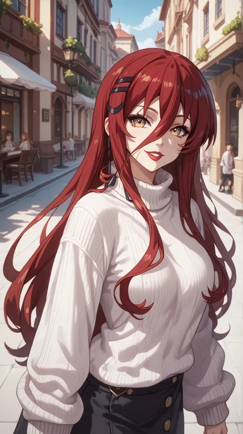 grimm grimoire, grimm grimoire from Sentouin, Hakenshimasu!, red lipstick,happy expression on her face,1 girl,beautiful face,makeup, white sweater, loose sweaters, oversized sweater, black stocking, standing, outdoor, one side of the shoulder is open