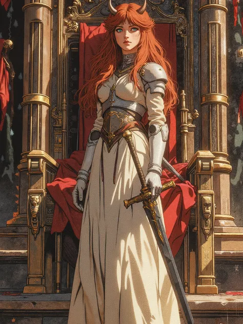 A girl about sixteen, Human, with long red hair and turquoise eyes with small horns on the head, in a delicate white dress with elements of armor and a sword with side to waist, he stands in the throne room 