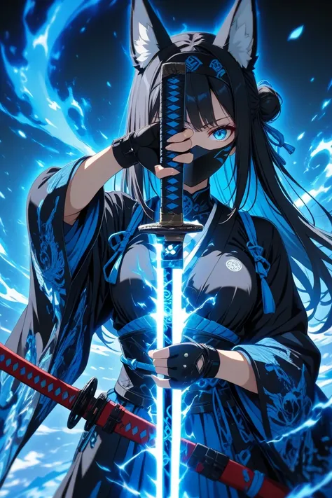 an anime style picture of a woman in some cool clothes holding some blue swords, 1girl, solo, blue eyes, black hair, weapon, sword, black mask, looking at viewer, armed with a blue energy-infused katana, An female anime character,medium sized chest black h...