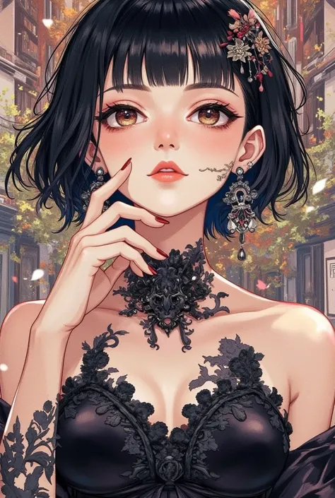   (  Top Quality, Masterpiece:1.2), short haired masculine girl\( black hair,  big eyes、Sharp Eye、 Details, nose, lips), superior,simple luxury black dress, Shoulder Off Dress ,strong color, stylish anime ,  perfect hands、 beautiful hands  、 transparent na...