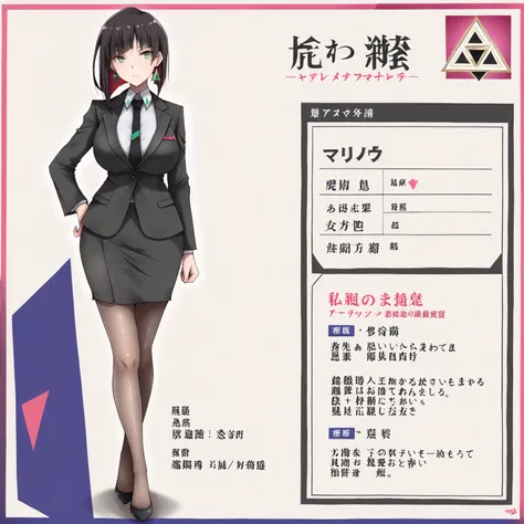 masterpiece, (((( best quality )))),1 girl, Japanese Anime ,character profilele,shiny skin, wearing a black suit,skirt suit, black tie , dark hair, short bob hair,The inner color of the hair is green, green eyes,isosceles triangle earrings, black tights,la...