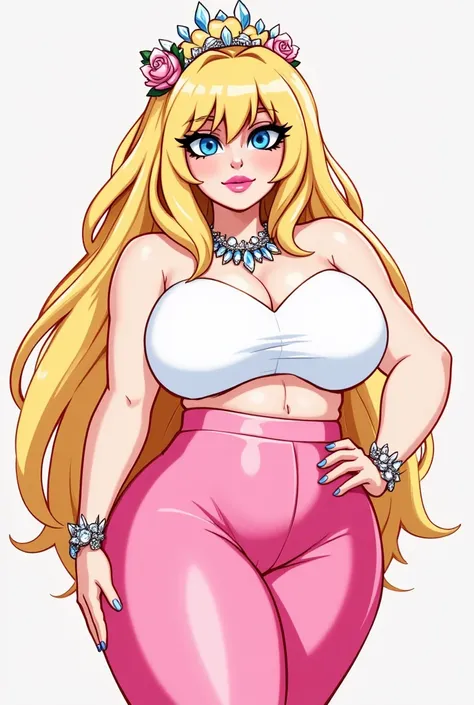 Create me a woman with big boobs with long blond hair and blue eyes, She wears pink patricinha clothes from the 2000s, in other words a white top,  pink skirt, pink accessories and jewelry