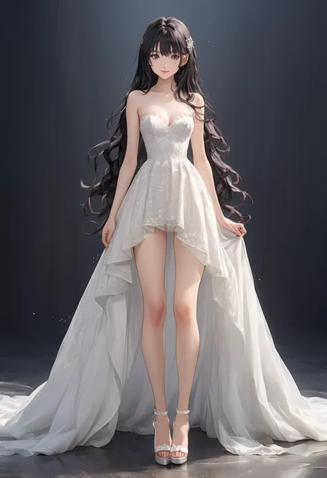 , ((masterpiece)),(((Highest quality))),((Character design sheet)), rinoa Heartilly, FFVIII, Thin thighs,Long legs,wearing a sexy white lace strapless wedding dress and sexy white platform high heels sandals:1.5，The best smile:1.5，Full Body Shot:1.5，master...