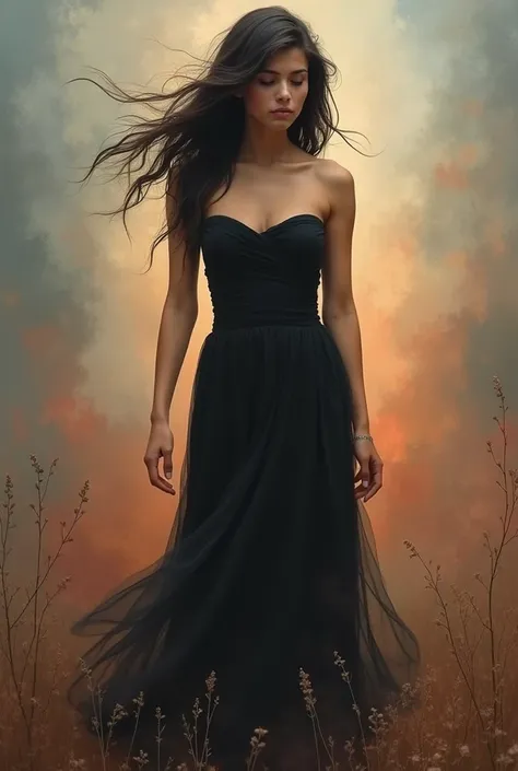 **Image of a beautiful, gorgeous young woman, apparently in her twenties, standing alone in what appears to be a dreamscape. Her dark hair flows messily around her, contrasting with the soft, swirling colors of the background, which mixes warm oranges and ...