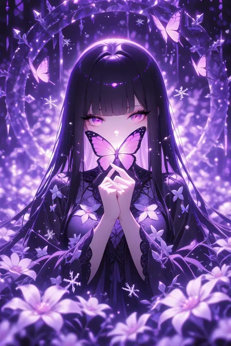 masterpiece, newest,absurdres,incredibly absurdres,1girl, solo, bug, butterfly, bangs, black hair, looking at viewer, long hair, blunt bangs, covered mouth, purple eyes, purple theme, eyelashes, flower, pink eyes, snowflakes, 
dark_theme,abstract backgroun...