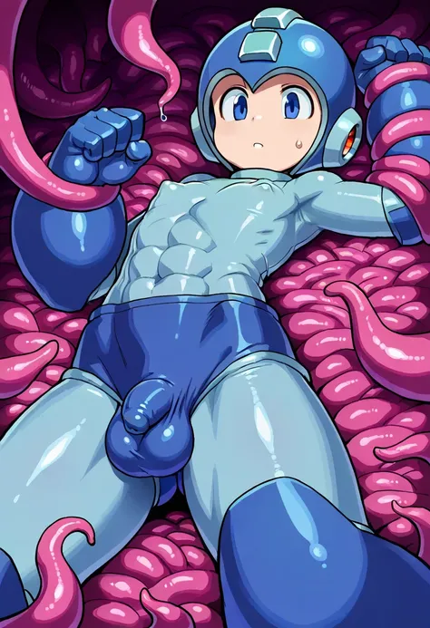  Masterpiece,   top quality  ,   dumb   ,   amazing quality 、 (Alone),Mega Man \( character\)、Cannon on right arm、 tall 、 dameged,defeated 、 bound by tentacles 、 helmet、 bodysuit that covers the whole body、 torn costume、 flat chest,(((covered large puffy n...