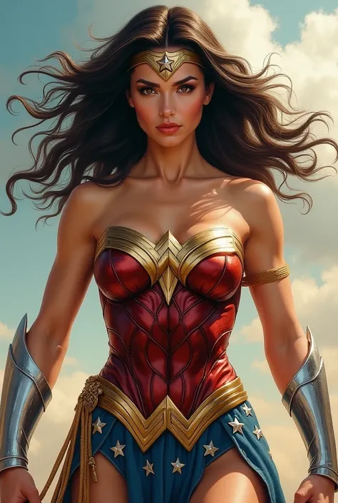 A strikingly beautiful   wonder woman, exuding power and confidence, with her sculpted physique and metallic hair shining in the sunlight. This image captures her human-like appearance, emphasizing her perfect hands poised for action on any battlefield. Th...