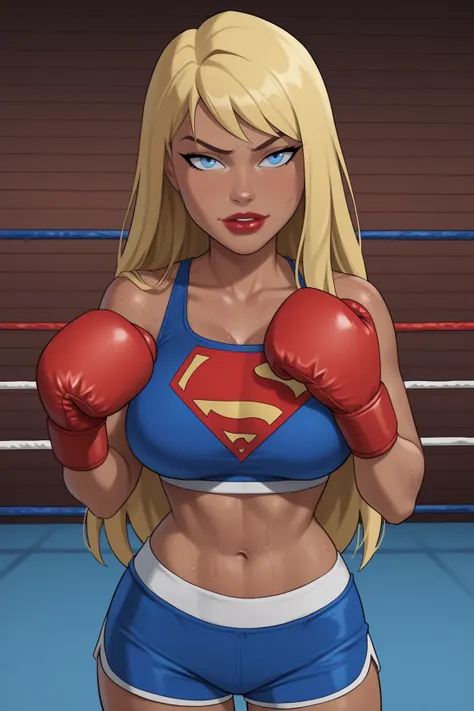 PonyXLV6_Scores BREAK ((parody), perfect anatomy, perfect eyes, cowboy shot) BREAK kara zor-el, long hair, blonde hair, blue eyes, dark-skinned female, lipstick, red lips, flirting, raised eyebrow, half-closed eyes, ((looking at viewer)), superhero, midrif...