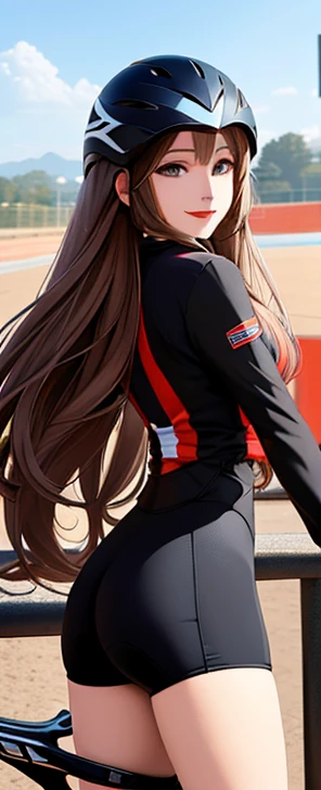 woman is smile, long hair brown, helmet normal, she is solo, from alternative world ,best quality, realistic, cycling brown and black color suit and cycling sports shorts, she is stand , red lipstick,