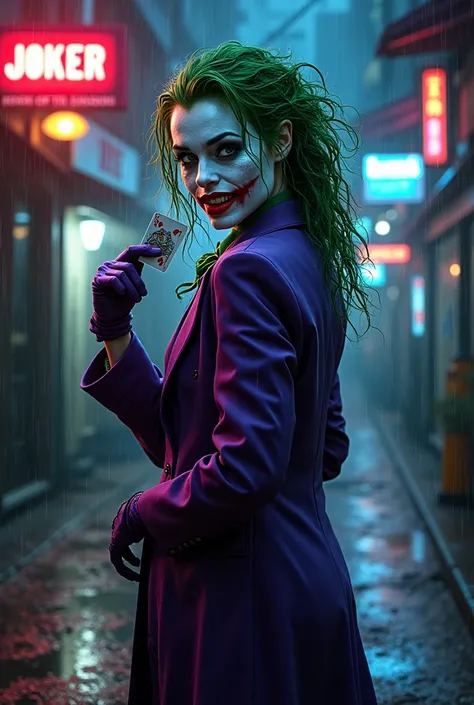 A female version of the Joker from DC Comics, standing in a dark, neon-lit Gotham alley. She has wild, unkempt green hair and a sinister smile with smeared (red lipstick) stretching across her face. Her eyes gleam with madness, and her pale white skin cont...