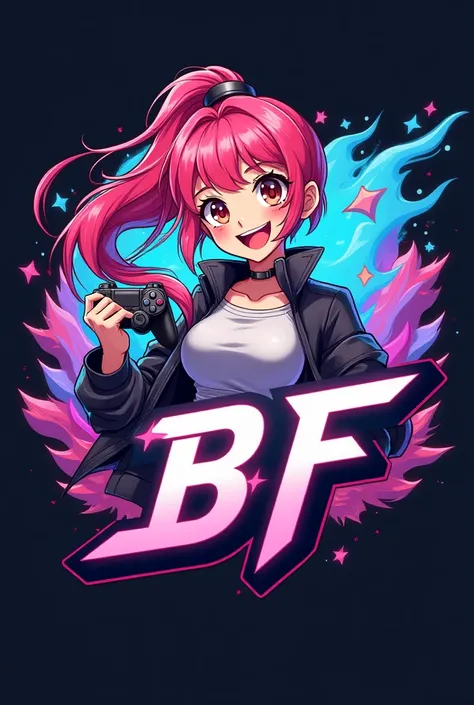 Anime character logo design for women holding joy games with cool BF letters