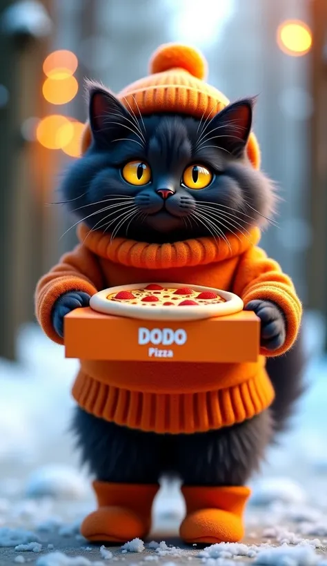   digital fluffy black Siberian cat with yellow detailed live reflective eyes,  as realistic as possible , stands on its hind legs, clear, detailed,  beautiful fur against the very fluffy tail  ,  dressed in a bright orange knitted sweater ,  on his head A...