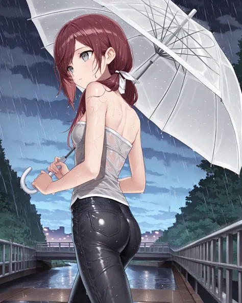 score_9, score_8_up, score_7_up, 1girl, solo, close up, back view, ass, walking over bridge, low twin tails, gray eyes, dark red hair,  (((long swept bangs))), thin, close up, small breasts, (((strapless))), ((strapless loose sleeveless shirt, gray shirt, ...