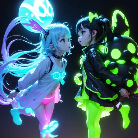 Cute fluorescent creatures floating in the air、 neon color、 black light 、 simple black background 、