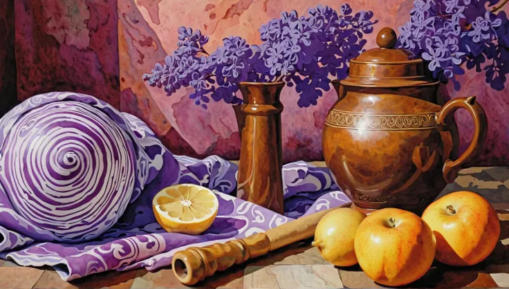 cold batik, watercolor, subtle, colors muted gently, op art style,Andrey Remnev, Vladislav Yerko, Elena Bazanova,
Zental in places lilac in places, brown, still life