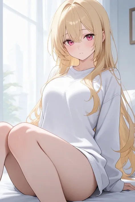 Blonde woman with long hair in a white sweatshirt showing her legs