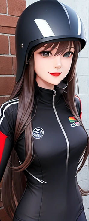 woman is smile, long hair brown, helmet normal, she is solo, from alternative world ,best quality, realistic, cycling dark black color suit and cycling sports shorts, she is stand , red lipstick,