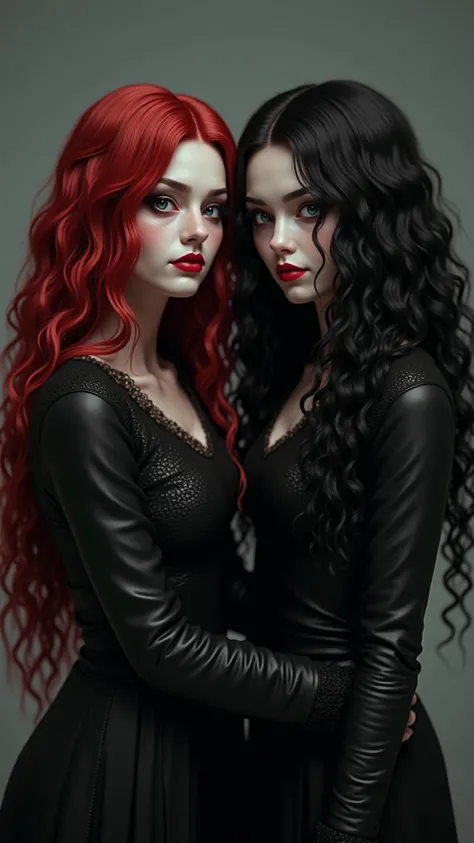 Stunning photo of two women. One has long, wavy red hair and a pale face. The other has long, black, curly hair. They are in outfits inspired by the video game Bloodborne. Hyperrealistic, 8k, high quality, masterpiece