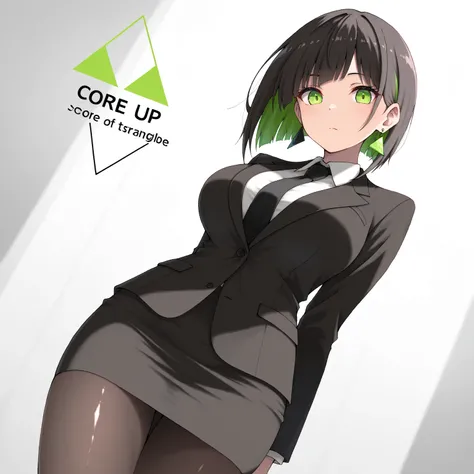 masterpiece, (((( best quality )))),1 girl, Japanese Anime ,character profilele,shiny skin, wearing a black suit,skirt suit, black tie , dark hair, short bob hair,The inner color of the hair is green, green eyes,isosceles triangle earrings, black tights,la...