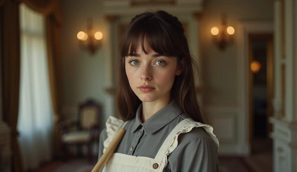 Realistic portrait of a very beautiful 18-year-old American girl,  with straight brown hair and long to the waist and bangs, Blue Eyes and Innocents. Innocent look and an angelic and delicate face.  She is wearing a gray maid outfit in a chic room of a man...