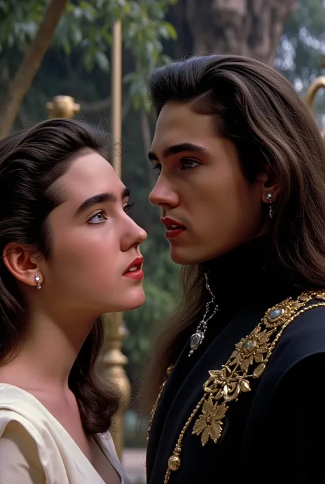 (masterpiece,  best quality:1.3),  photorealistic,  Jennifer Connelly at age 16 in her film Labyrinth as Sarah Williams with David Bowie as the Goblin King.,