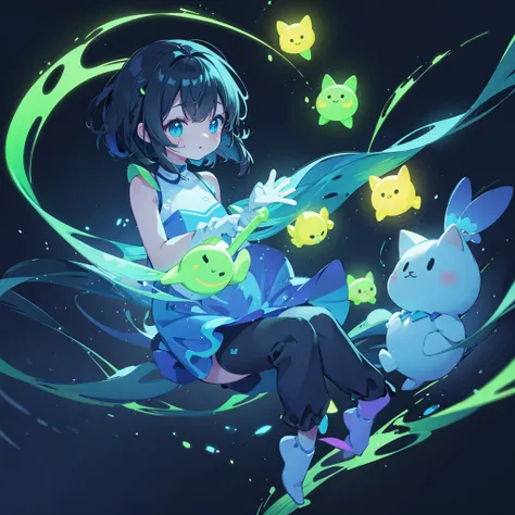 Cute fluorescent creatures floating in the air、 neon color、 black light 、 simple black background 、