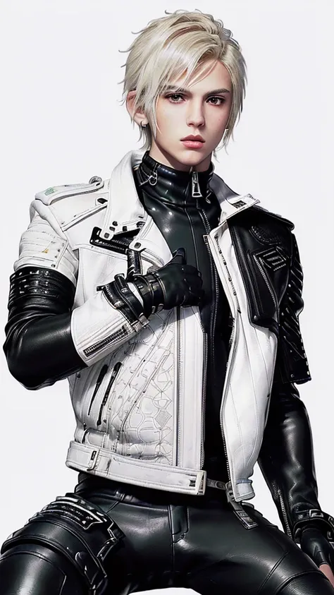 ((  Final Fantasy taste and reality graphic )), ((The young, good-looking boy from Japan)), his age is early 20s, thin eyebrows and beady eyes,, (((((The boy is wearing thick cream-white color leather, and single-breasted double zipper jacket))))), ,(((((j...