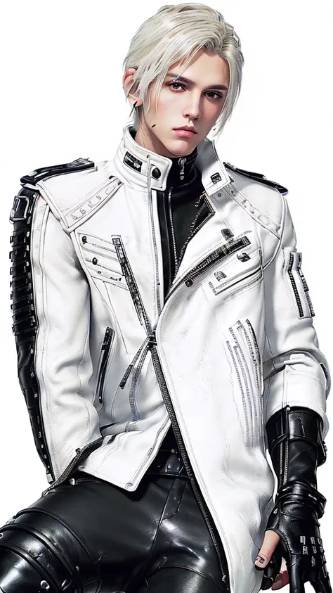 ((  Final Fantasy taste and reality graphic )), ((The young, good-looking boy from Japan)), his age is early 20s, thin eyebrows and beady eyes,, (((((The boy is wearing thick cream-white color leather, and single-breasted double zipper jacket))))), ,(((((j...