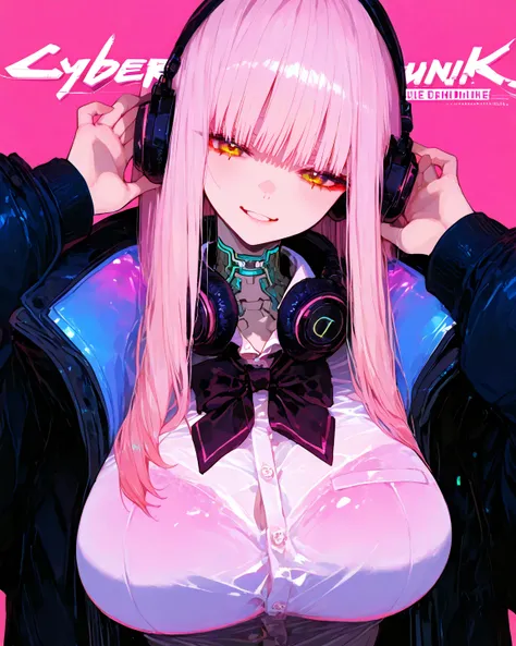        8k wallpaper、 Masterpiece、  top quality  、  high detail、  cute poster、 absurd,  Latest,        pink hair long hair、   headphones 、 school uniform、Cyberpunk 、 very big breasts     、 Neon Pink Background    、     cute background 、 high detail,  upper ...