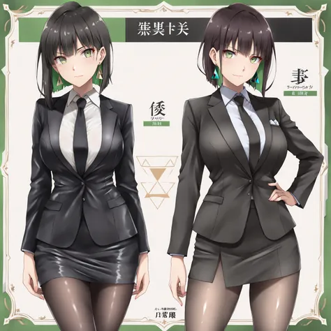 masterpiece, (((( best quality )))),1 girl, Japanese Anime ,character profilele,shiny skin, wearing a black suit,skirt suit, black tie , dark hair, short bob hair,The inner color of the hair is green, green eyes,isosceles triangle earrings, black tights,la...