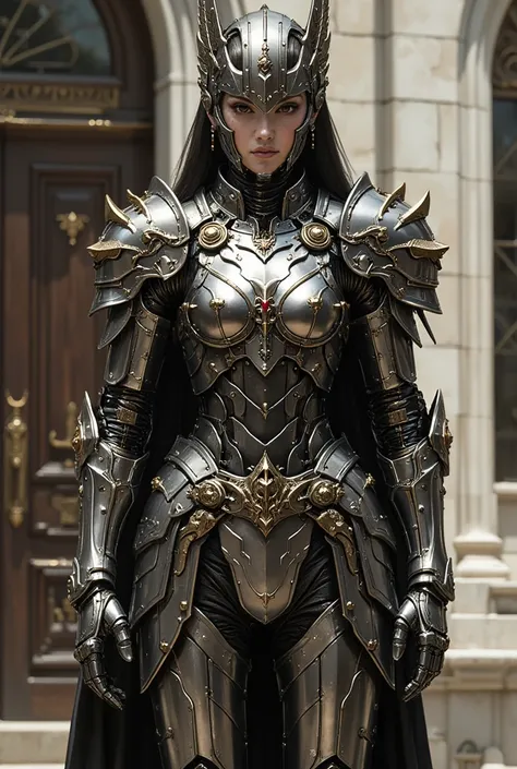  futuristic female humanoid robot ,  metallic goddess .  Its structure is composed of high-strength metal alloys ,  covered by adjustable armor ,  that adapts to the shape of your body ,  with finishes that resemble metallic feathers.  The face showing an ...