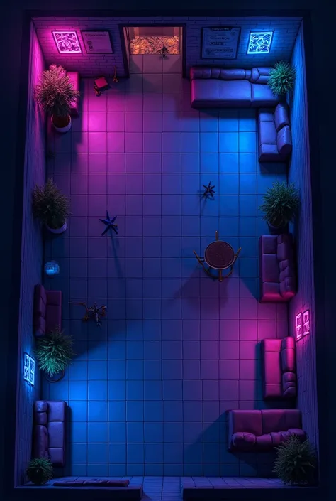  Create a map from the top of a party room that has women's and men's bathrooms the room is large and has other rooms for karaoke fun the place is half purple and blue and dark with just some LED lights, Create the RPG map create the map from above like th...