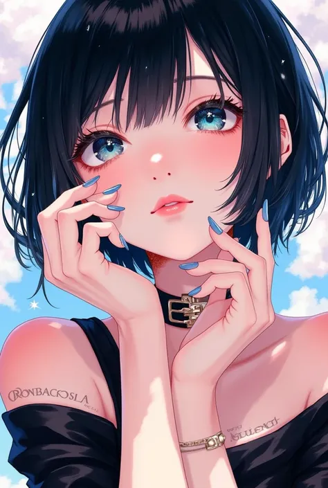   (  Top Quality, Masterpiece:1.2), short haired masculine girl\( black hair,  big eyes、Sharp Eye、 sparkling eyes 、 Details, nose, lips,clean neck), superior,simple luxury black off-the-shoulder dress,strong color, stylish anime ,  perfect hands、 beautiful...