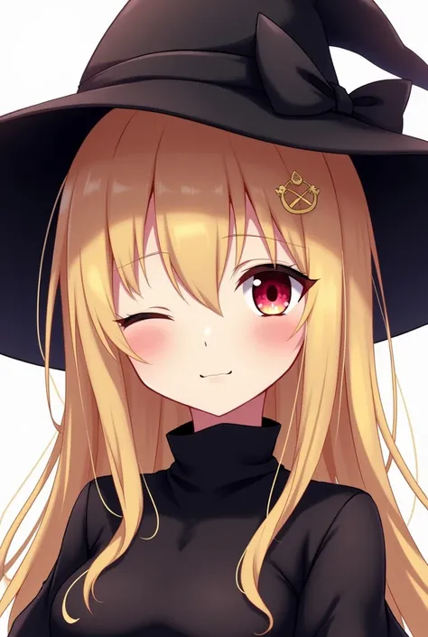 ANIME GIRL WITH LIGHT BLOND , LONG PLAIN WITH WITCH'S HAT DRESSED IN BLACK WITH RED EYES SMILING that only the face can be seen winking with the blackest hat 