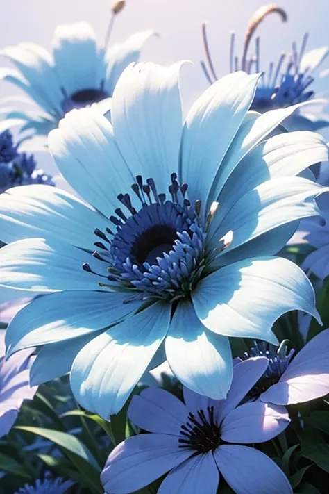  Random angle ,  beautiful cornflower with a complex, variable ,  The filigree shape of the petals ,  mirrored blotches, light blue, white, dust, Shades, glow,