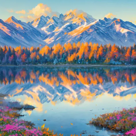 Vivid and exquisitely detailed. The colors are bright and deep, pastel and dramatic, while the background is bright and colorful. A breathtaking morning. Looking out over a tranquil flower field. Vibrant wildflowers bloom in the foreground, and snow-capped...