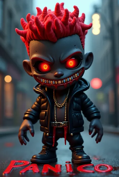 Create a 3d cartoon character of a dark-skinned character covered in blood with sharp teeth studded with colored diamonds and red drads hair and flaming red eyes, the character must wear stylish rapper-style clothes, be in an attack position on a dark and ...