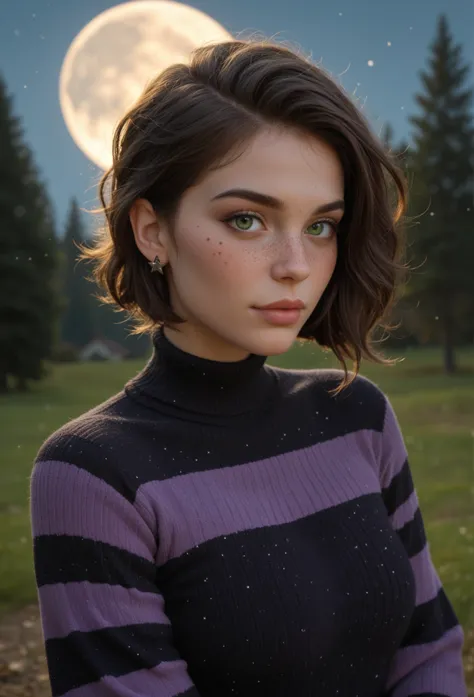  girl who has pale skin with freckles. She a brown wolf cut hairstyle and dark green eyes. Black earrings that mare moon and stars themed. She wears a black and purple striped sweater. 