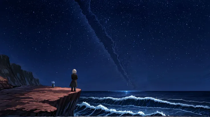 One 16:Picture 9 ，The background is a deep starry sky，Starry Sky。 The center of the picture is a lonely background ，Stand on the edge of a cliff，Looking into the distance。 The back is wearing a black trench coat ， blends with the night 。Below the cliffs is...