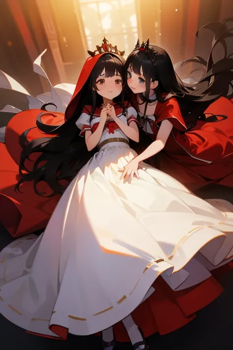  top quality,   Ultra High Resolution,(( cute middle school girl　2 people)),、 semi-long black hair, brown eyes, Little Red Riding Hood,white and red costume、 Long Golden Hair、 blue eyes、Cinderella、 dress 、 tiara 