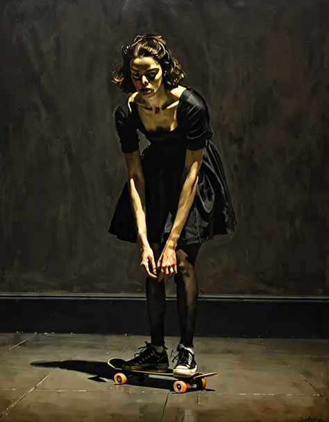 In the vein of Caravaggio's Baroque mastery but with a modern twist, we find a dramatic scene bathed in dark lighting. A skater girl, illuminated only by a single, dim candle, is the focal point. The subject, clad in somber tones, is deep in contemplation,...