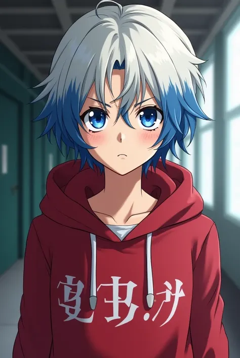 A 14-year-old boy with light hair and blue tips with blue eyes with a serious face in red clothes looking like school clothes with an unworn hoodie in the form of the anime Bleach 