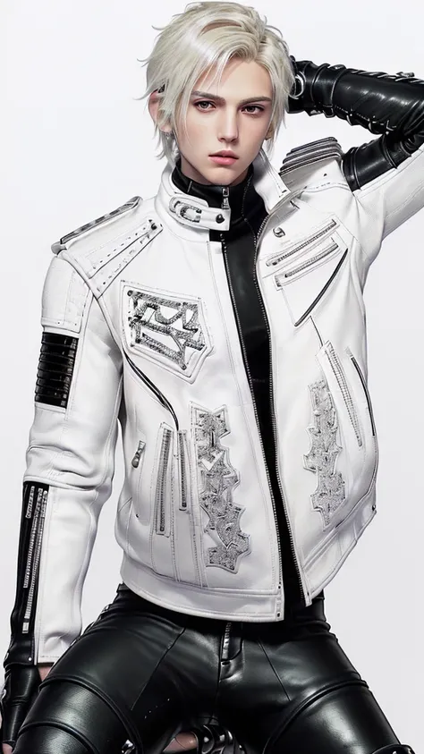 ((  Final Fantasy taste and reality graphic )), ((The young, good-looking boy from Japan)), his age is early 20s, thin eyebrows and beady eyes,, (((((The boy is wearing thick cream-white color leather, and single-breasted double zipper jacket))))), ,(((((j...