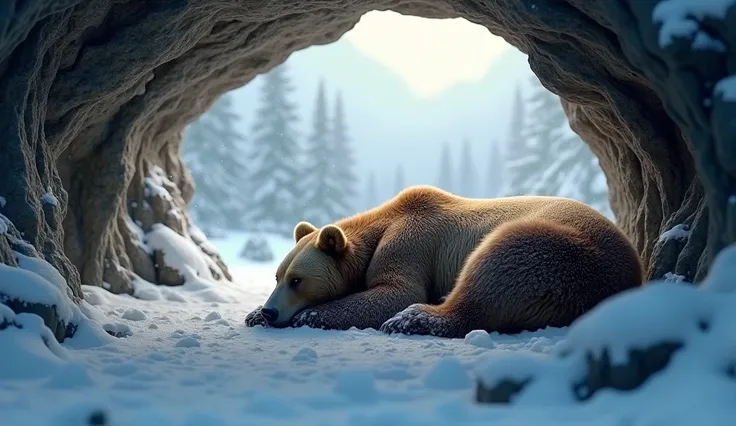 Ultrarealistic 8k Image, "A Grizzly Bear in a Cozy Cave, hibernating peacefully. Your eyes are closed, breathing calmly, in a serene and protected environment. The outdoor scene shows snow falling gently, indicating that he is waiting for the right moment ...