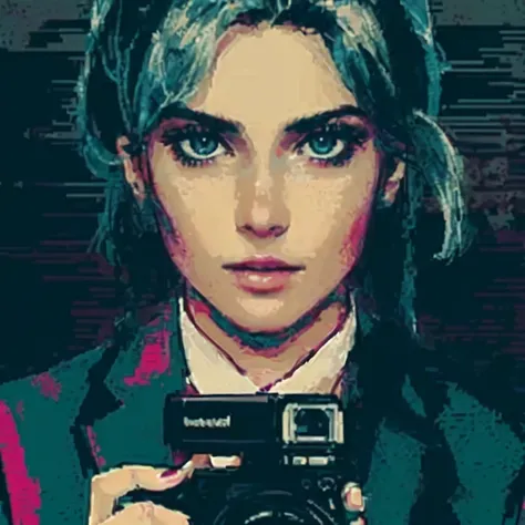 a close up of a person holding a camera in front of a picture, digital art #oneshotgame, portrait pixel art drawing, #pixelart, # pixelart, 1 0 0 0 x 1 0 0 0 pixel art, #pixelart:3, pixelart, detailed pixel artwork, pixel art style, 8 0 ’ s portrait, lofi ...